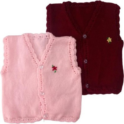 KWoolen Solid, Embroidered V Neck Casual Baby Boys & Baby Girls Pink, Maroon Sweater