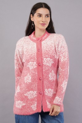 CURIOUS FASHION Printed Mandarin Neck Casual Women Pink, White Sweater