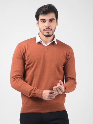 NUMERO UNO Solid V Neck Casual Men Brown Sweater