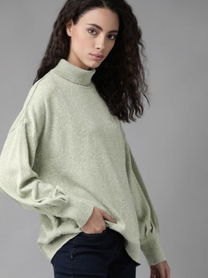 Roadster Self Design High Neck Casual Women Green Sweater