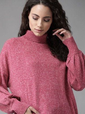 Roadster Self Design Turtle Neck Casual Women Pink Sweater