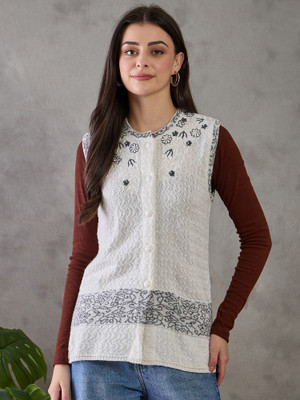 CLAPTON Embroidered Round Neck Casual Women White Sweater
