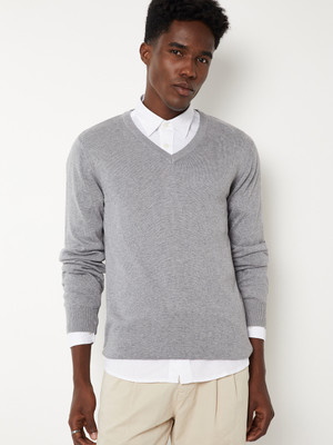 MAX Self Design V Neck Casual Men Grey Sweater