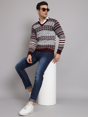 eWools Striped V Neck Casual Men Maroon Sweater