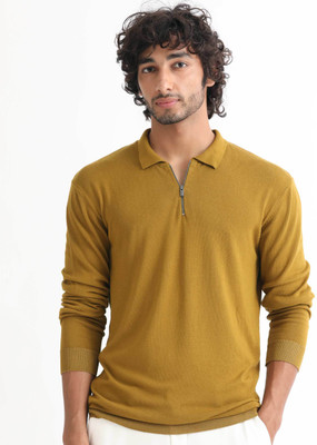 RARE RABBIT Solid Round Neck Casual Men Yellow Sweater