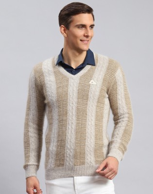 MONTE CARLO Striped V Neck Casual Men Brown Sweater