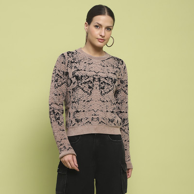 MADAME Printed Crew Neck Casual Women Brown Sweater