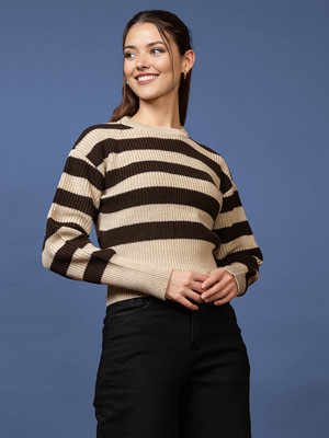 CHEMISTRY Striped, Self Design Round Neck Casual Women Brown Sweater