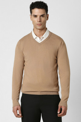VAN HEUSEN Solid V Neck Casual Men Beige Sweater
