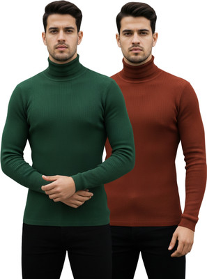 HEPAKA Solid High Neck Casual Men Green, Brown Sweater
