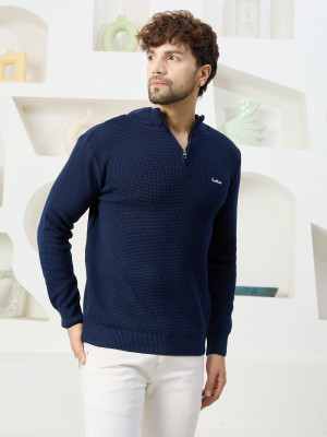 KVETOO Self Design High Neck Casual Men Blue Sweater