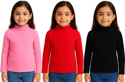 Chiclift Solid High Neck Casual Baby Girls Pink, Red, Black Sweater