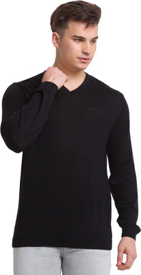 COLORPLUS Solid V Neck Casual Men Black Sweater