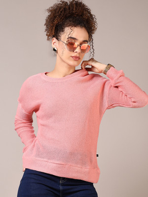 V-MART Solid, Self Design Round Neck Casual Women Pink Sweater