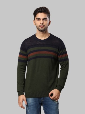 Raymond Striped Round Neck Casual Men Dark Green Sweater