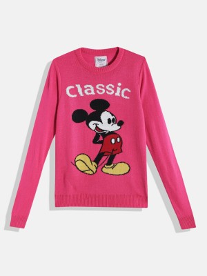 Kook N Keech Disney Teens Printed Round Neck Casual Girls Pink Sweater