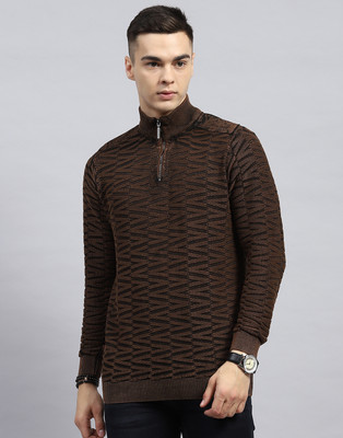 MONTE CARLO Self Design High Neck Casual Men Brown Sweater