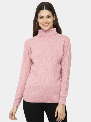 KVETOO Solid High Neck Casual Women Pink Sweater