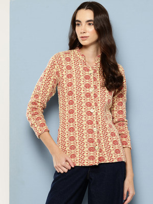 METRONAUT Printed Collared Neck Casual Women Red Sweater