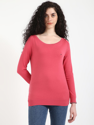 TOMMY HILFIGER Solid Round Neck Casual Women Red Sweater