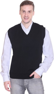 FASHIONLOOK Solid V Neck Formal Men Black Sweater