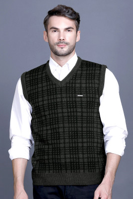 GODFREY Checkered V Neck Casual Men Dark Green Sweater