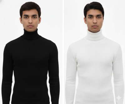 Zeffit Self Design High Neck Casual Men Black, White Sweater