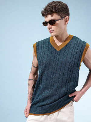 Glitchez Self Design V Neck Casual Men Green Sweater