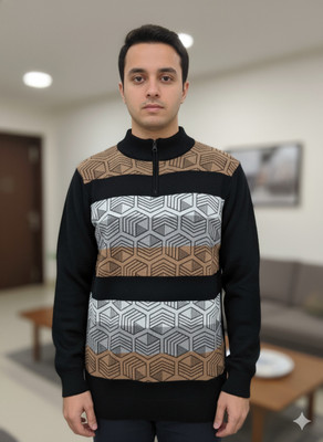 KingsImpex Striped V Neck Formal Men Black Sweater