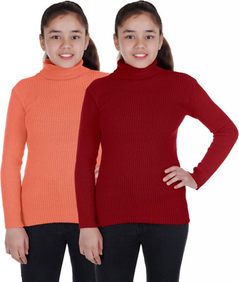 100LUCK Self Design Turtle Neck Casual Boys & Girls Maroon, Orange Sweater