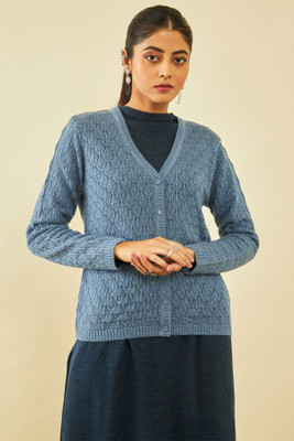 soch Woven V Neck Casual Women Blue Sweater