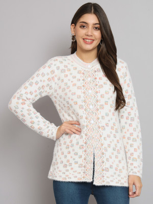 eWools Geometric Print Round Neck Casual Women White Sweater