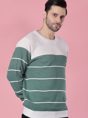 V-MART Striped Round Neck Casual Men Green Sweater