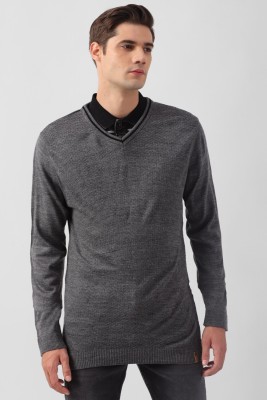 PETER ENGLAND Solid V Neck Casual Men Grey Sweater