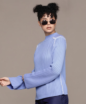 Roadster Paisley Round Neck Casual Women Blue Sweater
