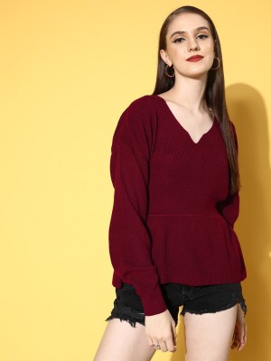 Berrylush Solid Round Neck Casual Women Red Sweater