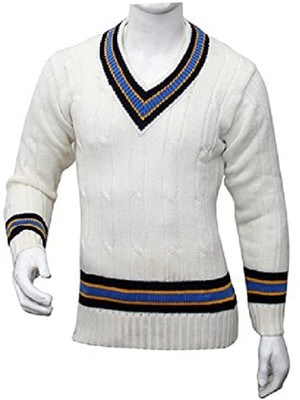 CW Solid V Neck Casual Men White Sweater