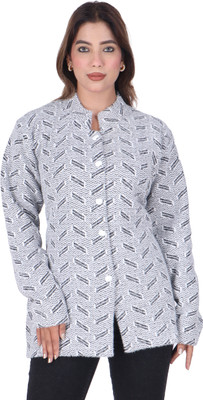 WOOL 4U Self Design Mandarin Neck Casual Women Black, White Sweater