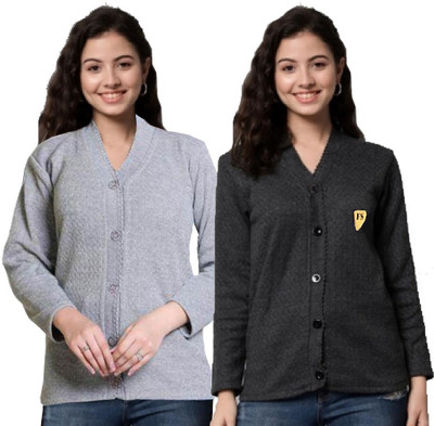 The Finer Things Solid V Neck Casual Women Grey, Black Sweater