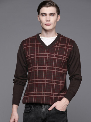 Raymond Self Design V Neck Casual Men Brown Sweater