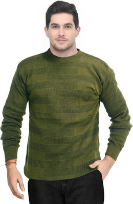 Life and style Self Design Round Neck Casual Men Green Sweater