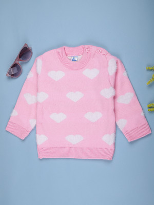 V-MART Self Design Round Neck Casual Baby Girls Pink Sweater