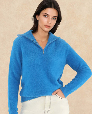 RAREISM Solid High Neck Casual Women Blue Sweater