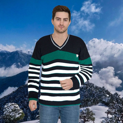 FUTUREGEMS Striped V Neck Casual Men Multicolor Sweater