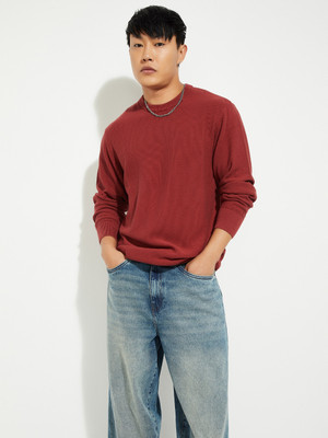 MAX Printed Round Neck Casual Men Red Sweater