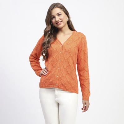 MADAME Geometric Print V Neck Casual Women Orange Sweater