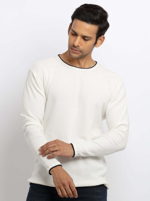 Status Quo Self Design Round Neck Casual Men White Sweater