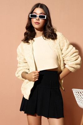 THE DRY STATE Solid Hooded Neck Casual Women Beige Sweater