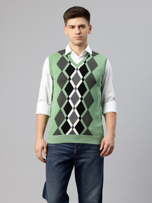 PIERRE CARLO Colorblock V Neck Casual Men Green Sweater