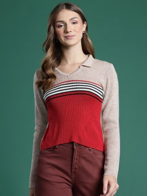 Dressberry Striped V Neck Casual Women Beige Sweater